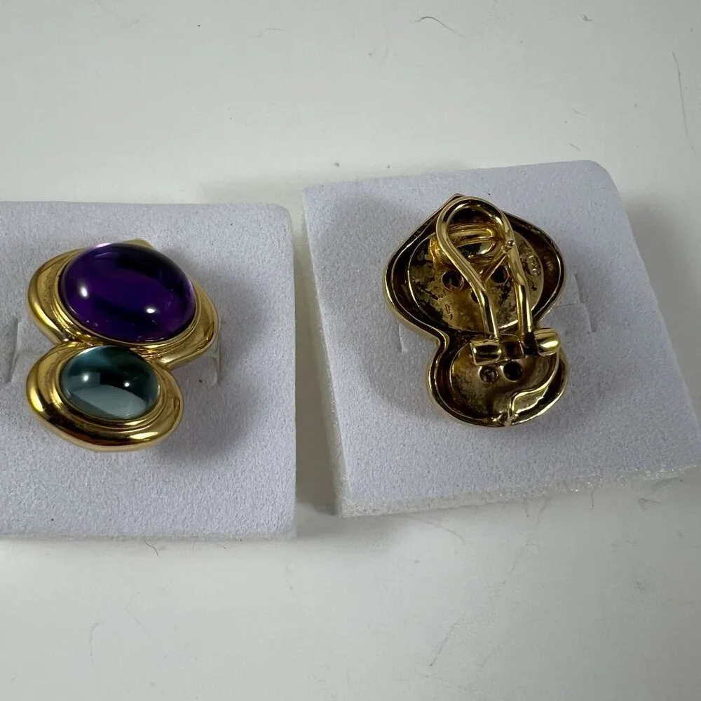 Vintage Kai Yinlo Sterling Silver Clip-On Earrings With Purple & Green Cabochon - Picture 2 of 3